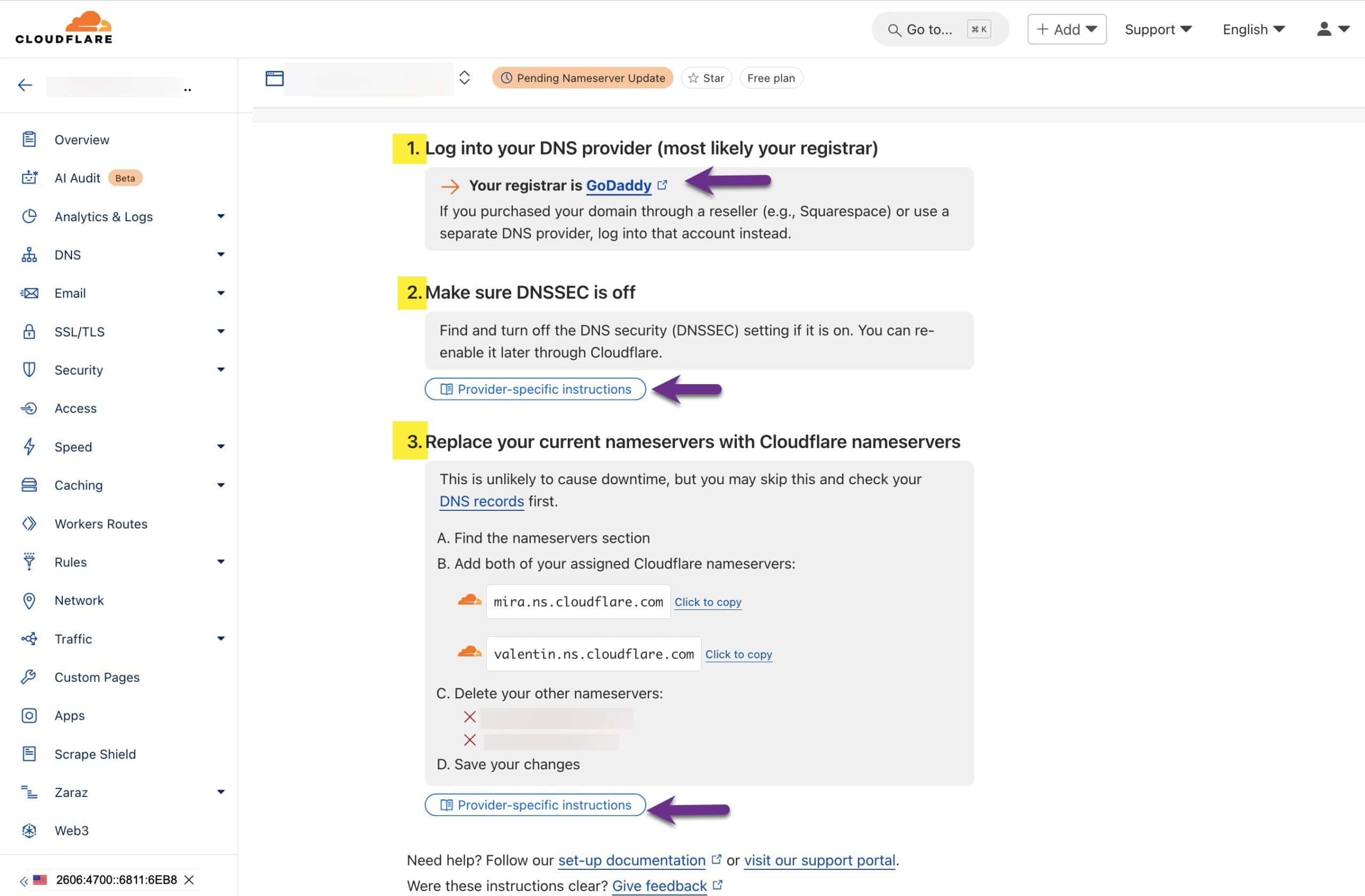 Cloudflare directions for making sure DDNSSEC is off and how to change your nameservers.
