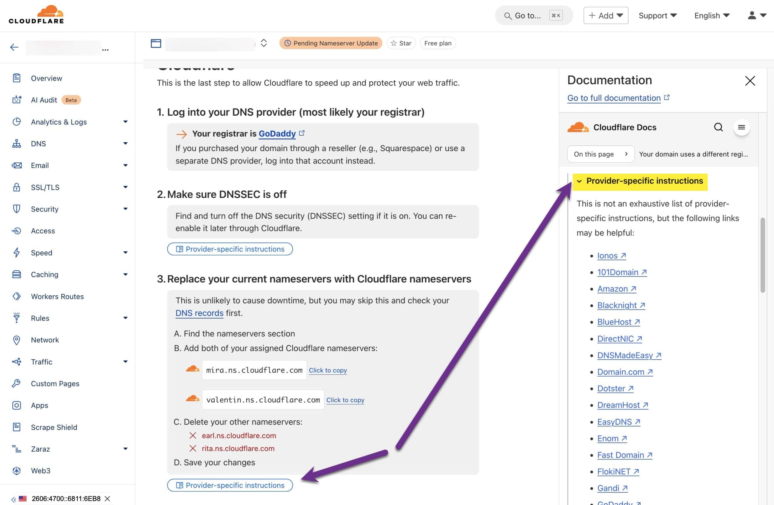Cloudflare dashboard showing provider-specific instruction links for replacing current nameservers with Cloudflare nameservers.
