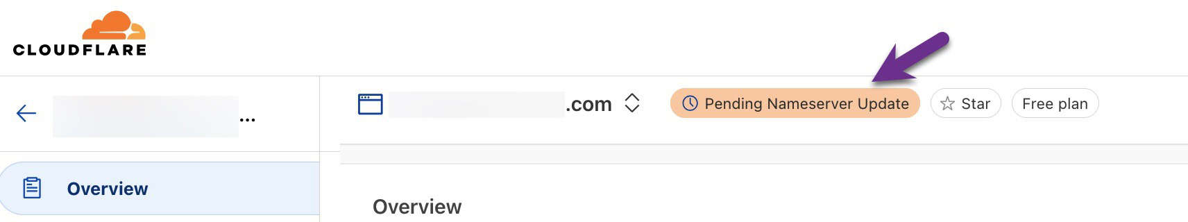 Cloudflare dashboard showing domain with a Pending Nameserver Update status.