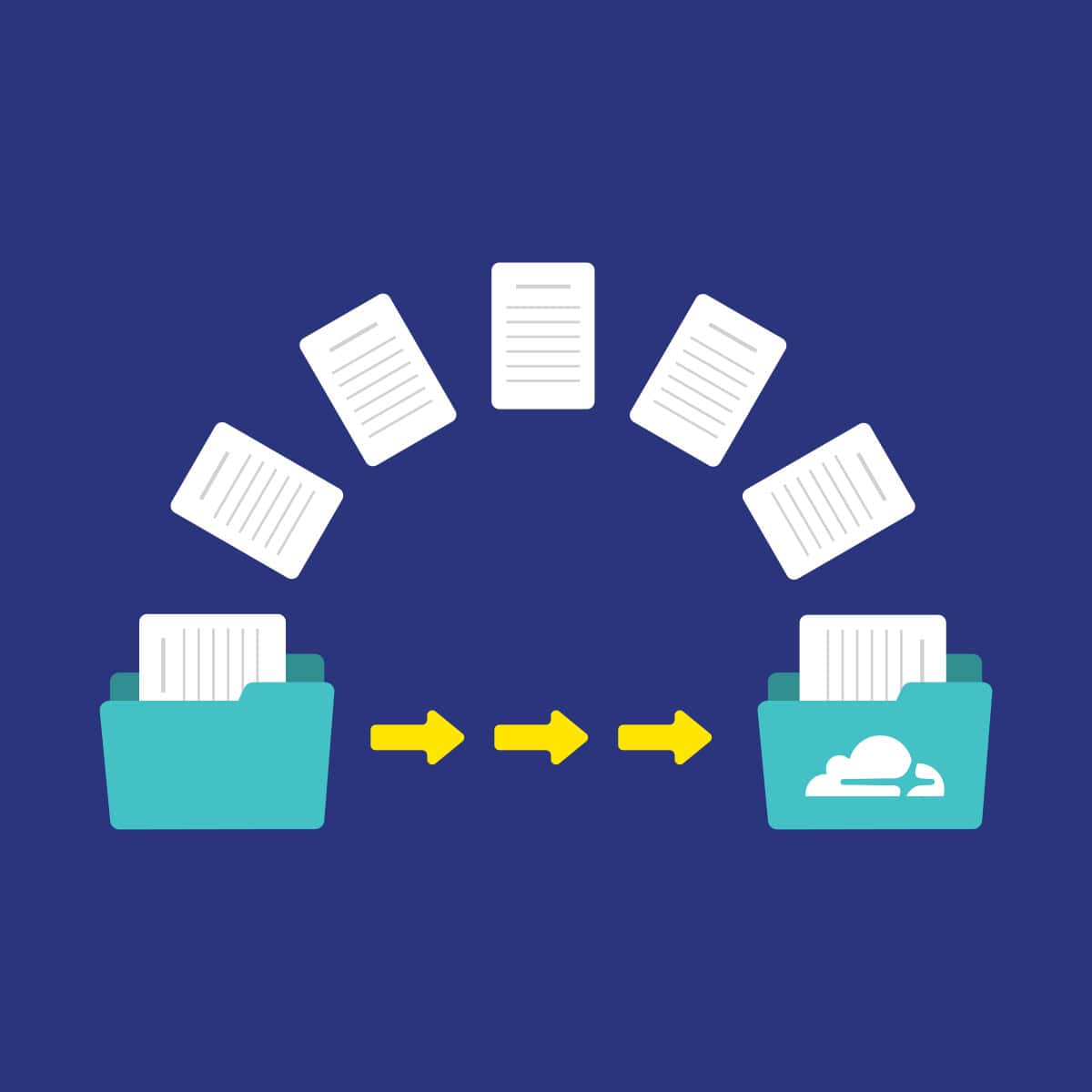 Pieces of paper moving in an arch between two file folders on a blue background.