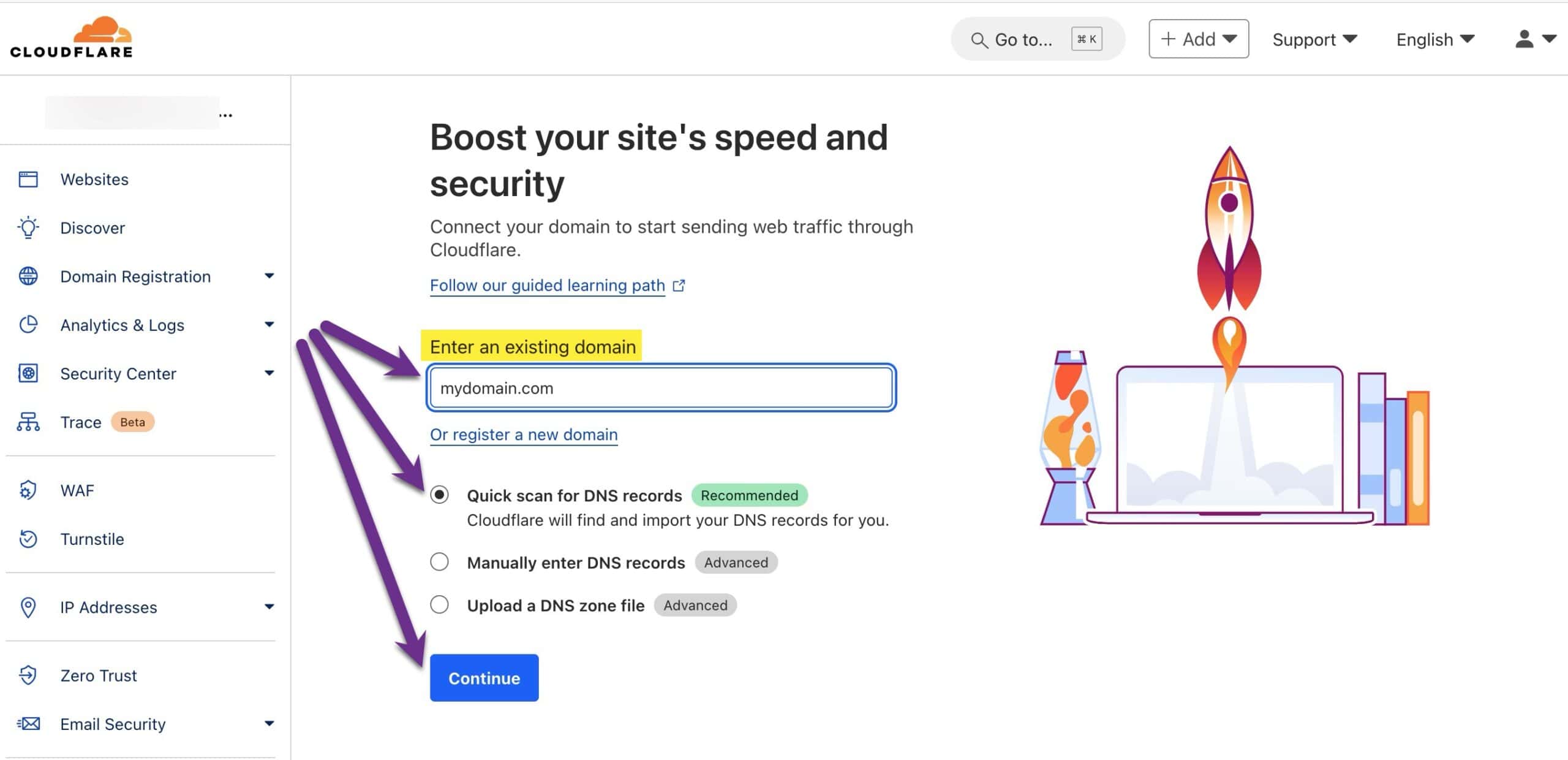 Cloudflare dashboard add a site interface.