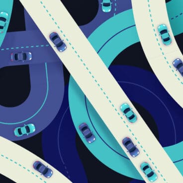 Illustration of cars driving on a maze of highway loops.