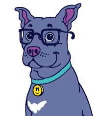 Our mascot, Patch - an illustration of a very smart, blue dog.