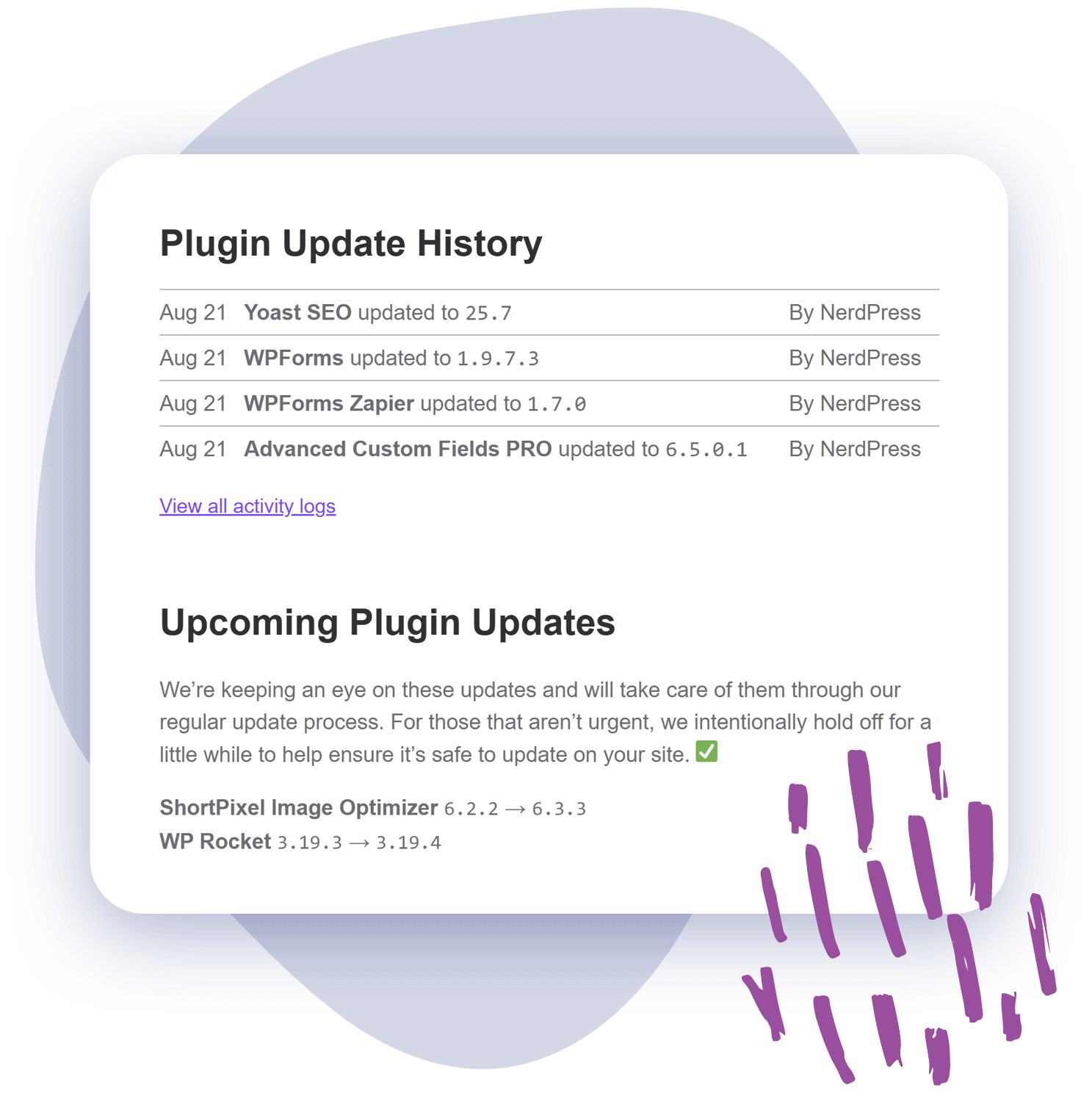 Image of the NerdPress News from the Nerds email that showcases the plugin update history as well as upcoming plugin updates.