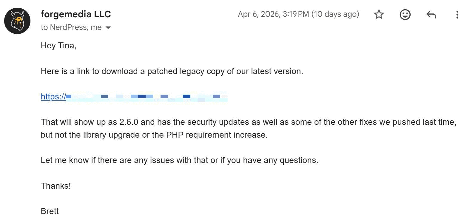 An email from Brett at Perfmatters that provided a link to download a patched legacy copy of the plugin, showing how we collaborated behind-the-scenes.
