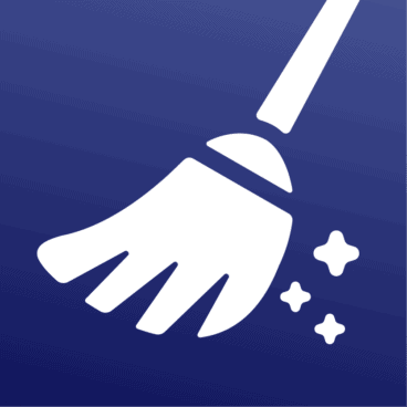 a white broom sweeping icon on a blue background