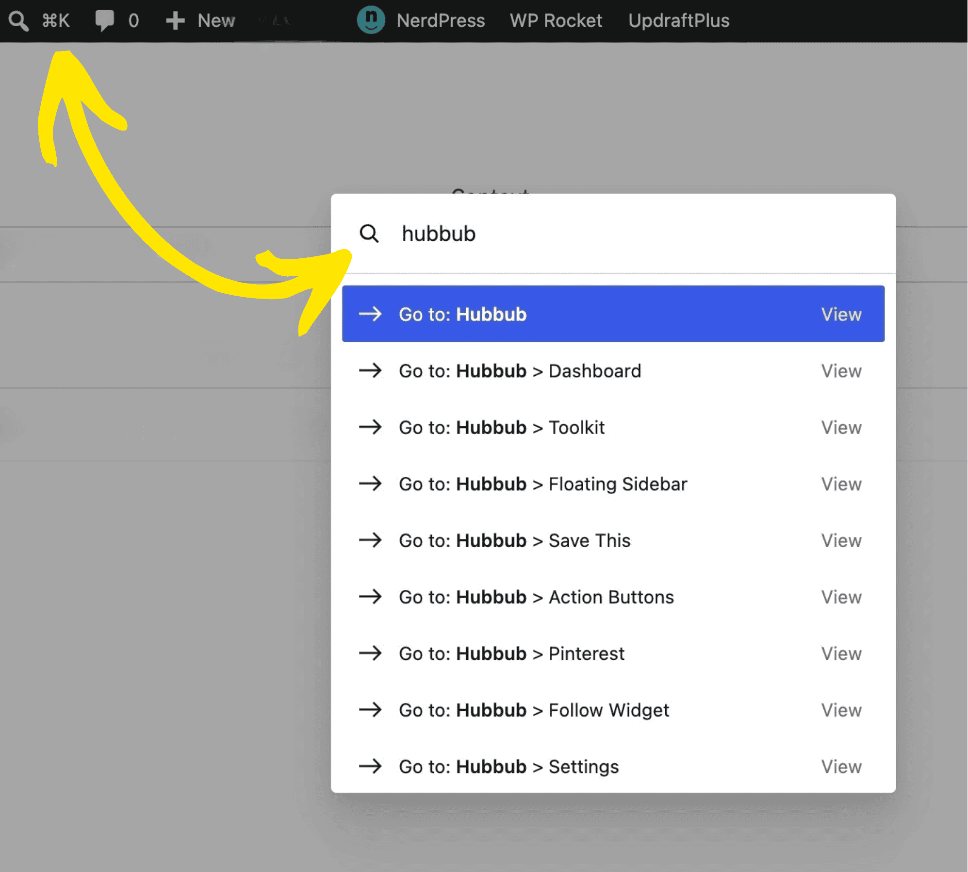 a screenshot of the Command Palette shortcut function in the WordPress dashboard showing users how to use the link to find features