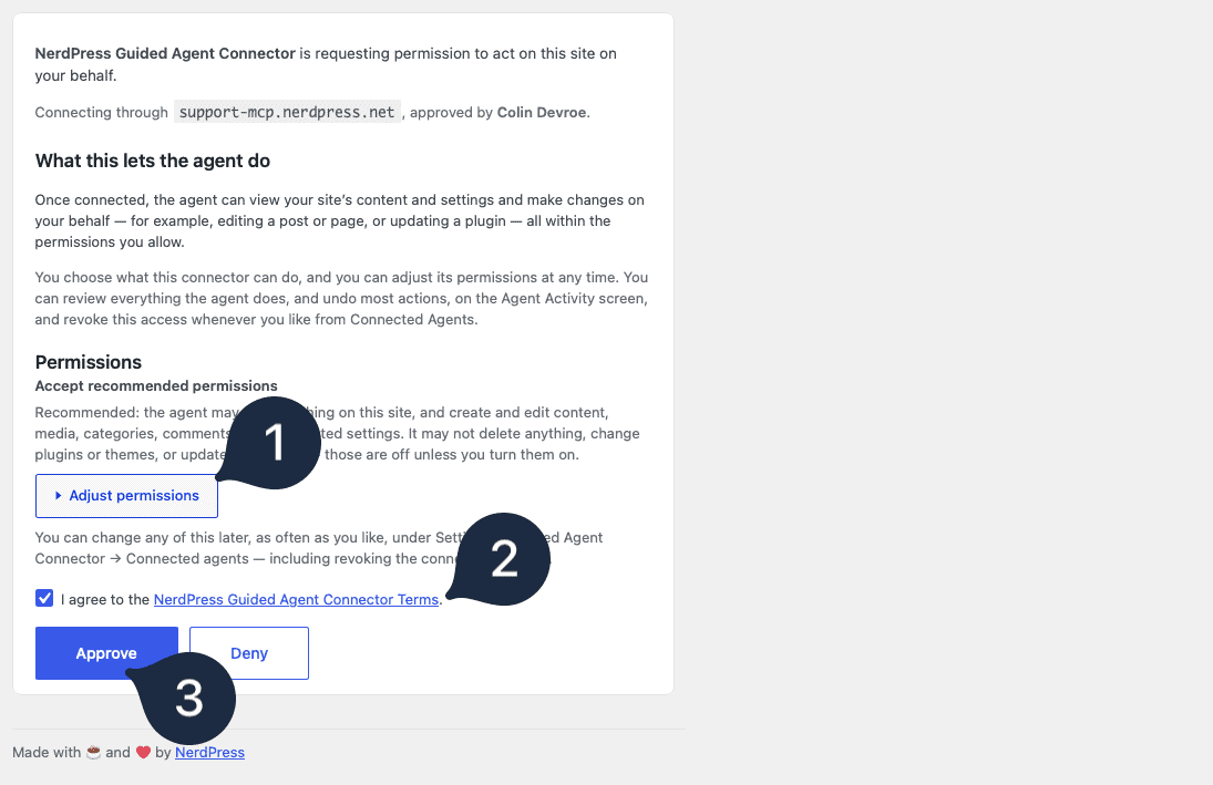 The authorization screen inside WordPress admin, where the NerdPress Guided Agent Connector requests permission to act on the site. Three numbered markers highlight, in order, the "Adjust permissions" button, the checkbox agreeing to the NerdPress Guided Agent Connector Terms, and the Approve button, with a Deny button beside it.
