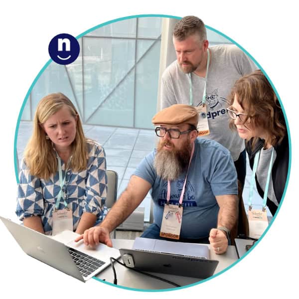 Three helpful Nerds troubleshooting a client's issue as she looks on.