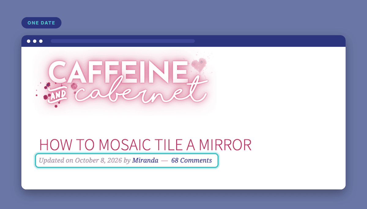 Caffeine and Cabernet post header for How to Mosaic Tile a Mirror, showing a single date line: Updated on October 8, 2026.
