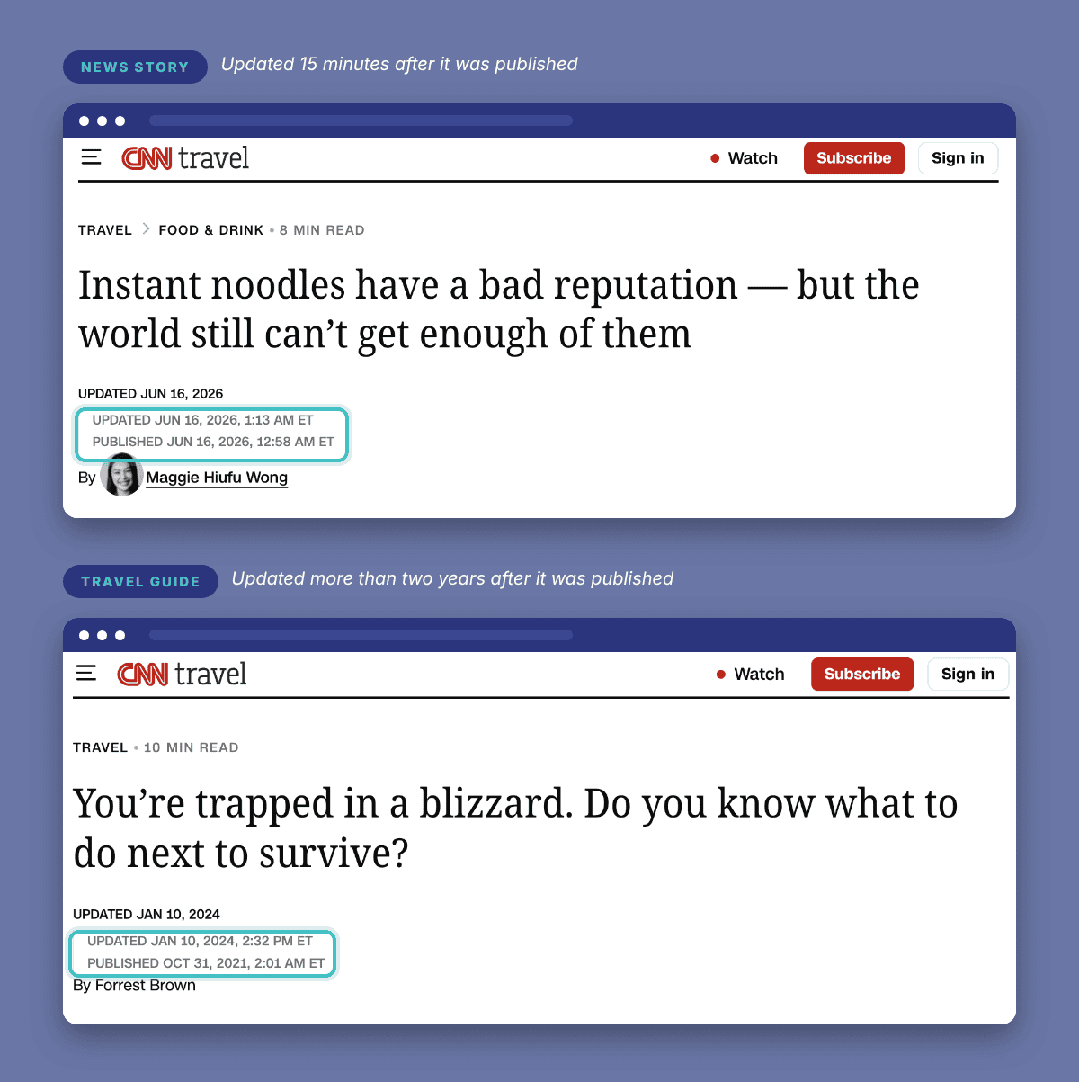 Two CNN Travel article headers. A news story shows an updated time 15 minutes after its published time. A travel guide shows an update in January 2024 to a post first published in October 2021.